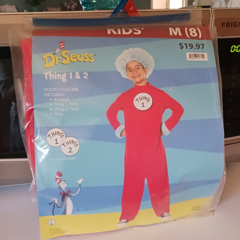 Dr. Seuss Thing 1 & 2 Costume Kids Size M 8 Red New Jumpsuit Wig Patches